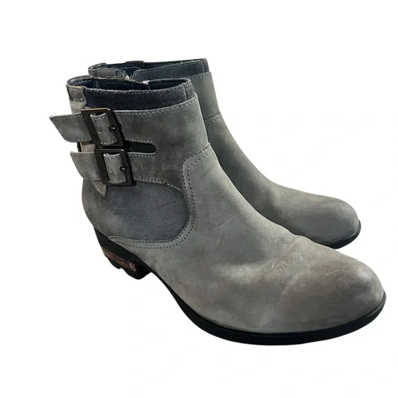 Sorel Lolla grey‎ leather and suede heeled ankle boots SZ 7 - Picture 2 of 10
